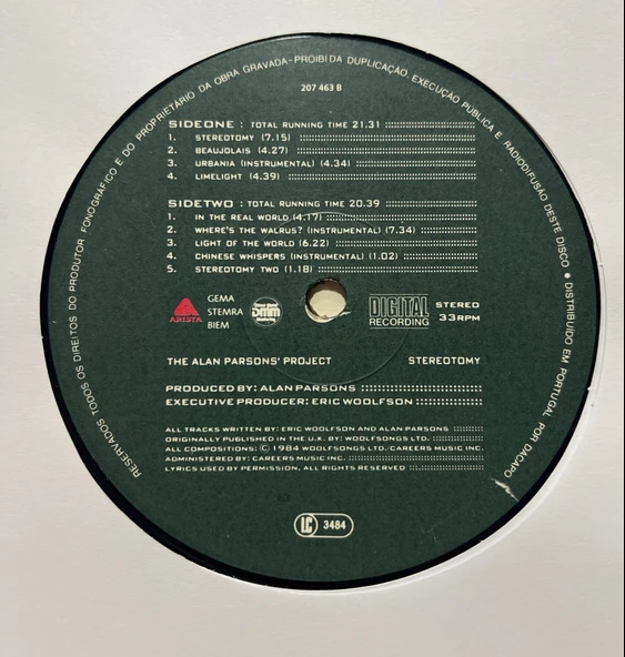 The Alan Parsons Project Stereotomy LP Plak - Resim 3