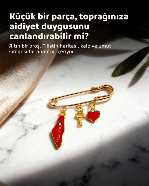 Filistin Haritası Kırmızı Rengi, Fetih Anahtarlığ Ve Kırmızı Kalıbı Üçlü Yaka İğnesi Broş A300057 ürün görseli 1
