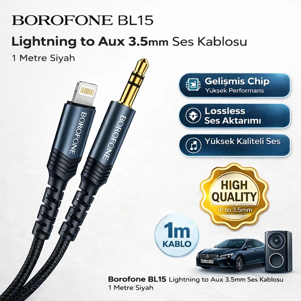 Borofone BL15 Lightning to Aux 3.5mm Ses Kablosu 1 Metre Siyah ürün görseli 1