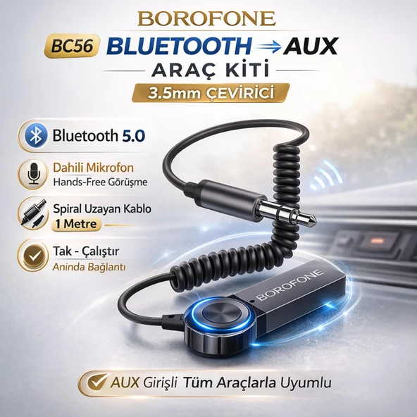 Borofone BC56 Araç İçi Bluetooth to Aux 3.5mm Çevirici Araç Kiti Mikrofonlu ürün görseli 1