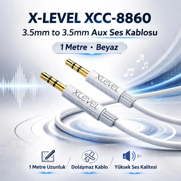 X-LEVEL XCC-8860 3.5mm to 3.5mm Aux Ses Kablosu 1 Metre Beyaz ürün görseli 1