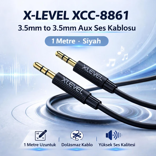 X-LEVEL XCC-8861 3.5mm to 3.5mm Aux Ses Kablosu 1 Metre Siyah ürün görseli 1