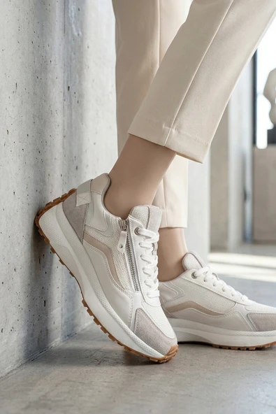 Beyaz Kalın Kaymaz Taban Sneaker Fermuarlı Günlük Kadın Spor Ayakkabı Nodow ürün görseli 1
