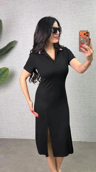 Kadın Polo Yaka çift Yırtmaç Detay Modal Kumaş Midi Boy Elbise ürün görseli 1
