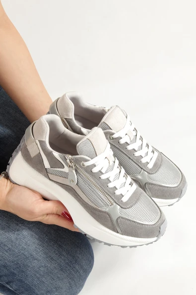 Gri Renk Kalın Kaymaz Taban Sneaker Fermuarlı Günlük Kadın Spor Ayakkabı Nodow ürün görseli 1
