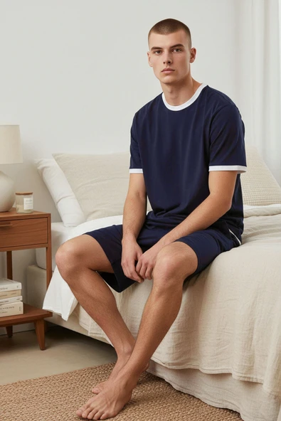 Erkek Pamuklu Lacivert Cepli Şortlu Pijama Takımı ürün görseli 1