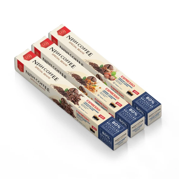 Nish Coffee Aromalı Kapsül Kahve 3'lü Set (Karamel-Çikolata-Fındık) - 30 Adet ürün görseli 1