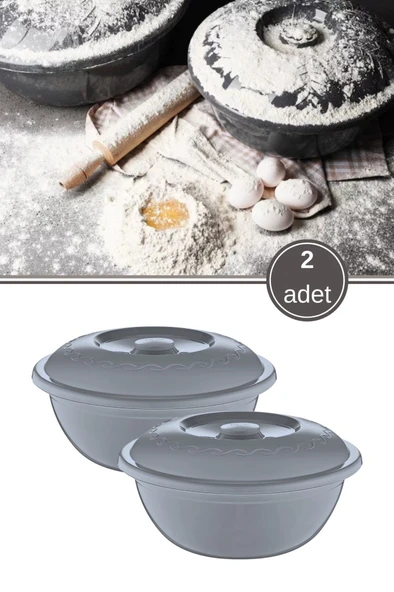 2 Adet Kapaklı Hamur Leğeni 5 Lt, Kek Börek Mayalama Yoğurma Çırpma Saklama Kabı Un Kutusu Gri ürün görseli 1