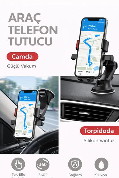 Mega Oto Market Teleskopik Araç İçi Telefon Tutucu – Otomatik Kilitli Torpido Üstü ve Gösterge Paneli Oto Telefon Standı ürün görseli 1