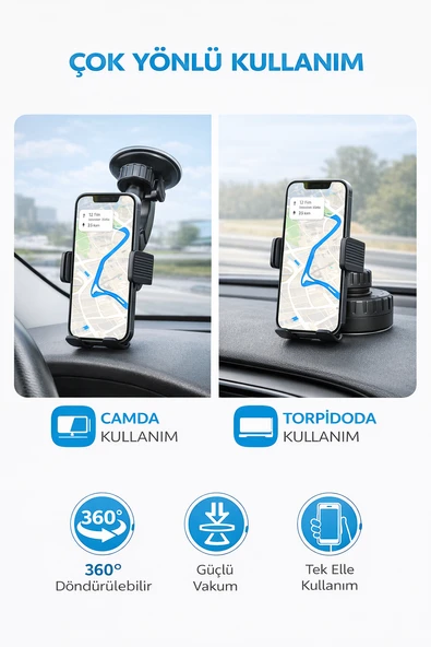 Mega Oto Market Otomatik Klipsli Araç İçi Telefon Tutucu – Cam ve Torpido İçin Ayarlanabilir Vantuzlu Oto Telefon Standı ürün görseli 1