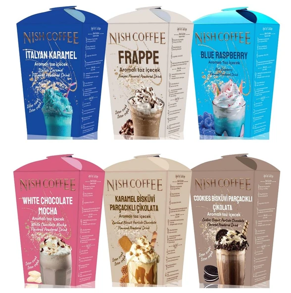 Nish 6'lı Toz İçecek Seti (Frappe-White Chocolate Mocha-Cookies Bisküvi Parçacıklı Çikolata-Karamel Bisküvi Parçacıklı-Blue Raspberry-İtalyan Karamel) ürün görseli 1