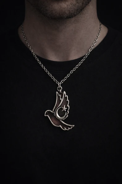 Ay Yıldız Detaylı Güvercin Figürlü Kolye – Metal Zincir Kolye ürün görseli 1