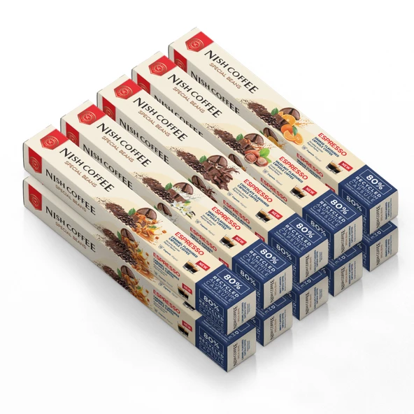 Nish Coffee Aromalı Kapsül Kahve 10'lu Set (2xKaramel-2xVanilya-2xÇikolata-2xFındık-2xPortakal)  - 100 Adet ürün görseli 1