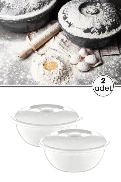 2 Adet Kapaklı Hamur Leğeni 5 Lt, Kek Börek Mayalama Yoğurma Çırpma Saklama Kabı Un Kutusu Beyaz ürün görseli 1