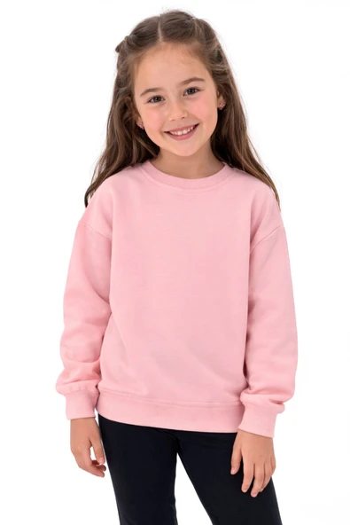 Kız Çocuk Basic Düz Pudra Renk Fırçalı %100 Pamuk Sweatshirt ürün görseli 1