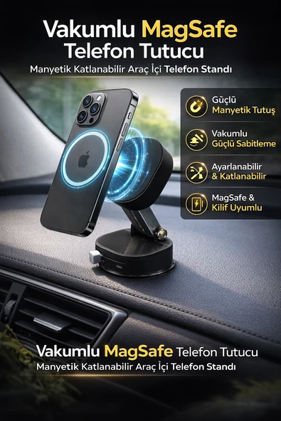 Mega Oto Market Vakumlu Magsafe Telefon Tutucu – Manyetik Katlanabilir Araç İçi Telefon Standı ürün görseli 1