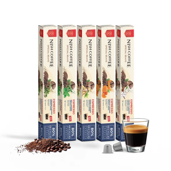 Nish Coffee Aromalı Kapsül Kahve 5'li Set (Kakule-Nane-Zencefil-Bal Kabağı-Hindistan Cevizi) - 50 Adet ürün görseli 1