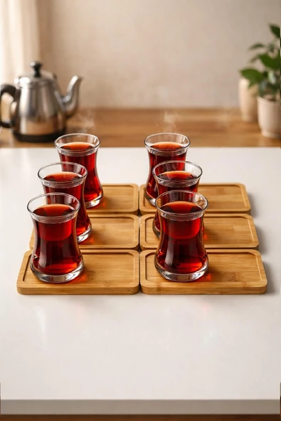 6'lı Cam Çay Bardağı ve Bambu Bardak Altlığı Seti – Sunumluk Çay Servis Seti, Kurabiyelik Kahvaltılık Tepsi ürün görseli 1