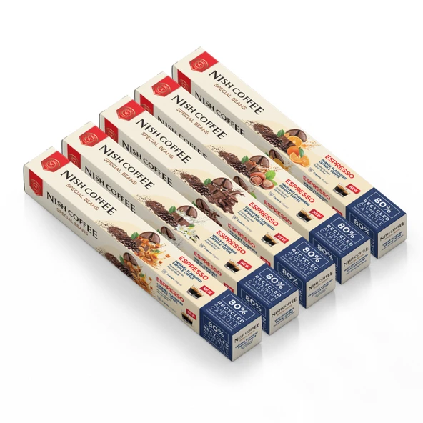 Nish Coffee Aromalı Kapsül Kahve 5'li Set (Karamel-Vanilya-Çikolata-Fındık-Portakal) - 50 Adet ürün görseli 1