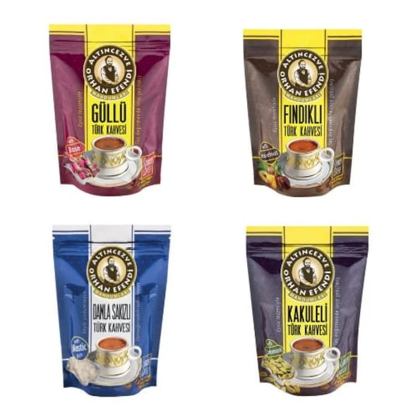 ALTINCEZVE GÜLLÜ,FINDIKLI,DAMLA SAKIZLI,KAKULELİ TÜRK KAHVESİ 100 GR 4'LÜ SET ürün görseli 1