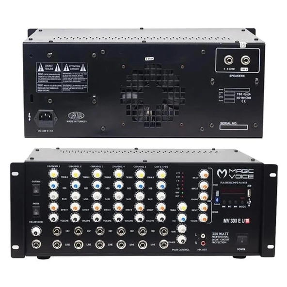 Magicvoice MV-300EF-TR 300 Watt 6 Mikrofon Girişli USB-Bluetooth Destekli Trafolu Mixer Anfi ürün görseli 1