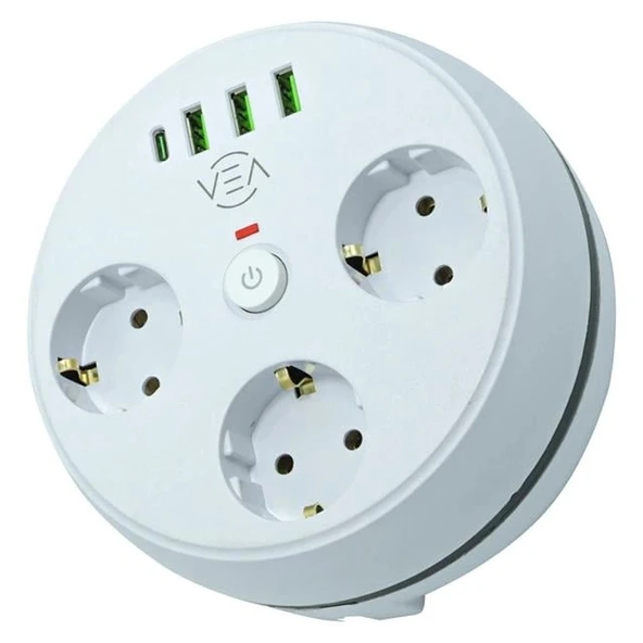 Vea VE-26583 3'LÜ 1.5 Metre Kablolu 3 USB / TYPE-C Girişli Akım Korumalı Grup Priz ürün görseli 1