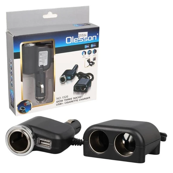 Olesson 1526 12-24V Tek USB Girişli 120W 80 CM Kablolu 3'LÜ Araç Çakmak Çoklayıcı ürün görseli 1