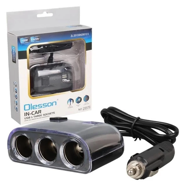 Olesson 1505 12-24V Çift USB Girişli 120W 80cm Kablolu 3'LÜ Araç Çakmak Çoklayıcı ürün görseli 1