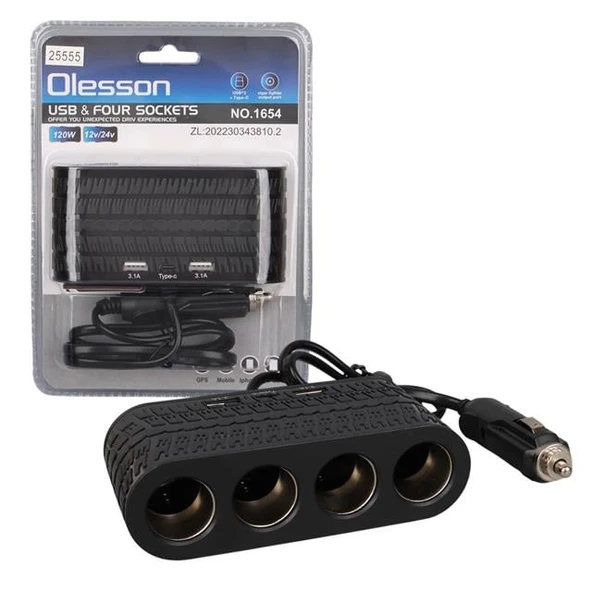 Olesson 1654 12-24V Çift USB - TYPE-C 120W 80cm Kablolu 4'LÜ Araç Çakmak Çoklayıcı ürün görseli 1