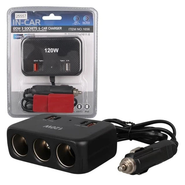 Olesson 1656 12-24V Çift USB + Çift TYPE-C 120W 80cm Kablolu 3'lü Araç Çakmak Çoklayıcı ürün görseli 1
