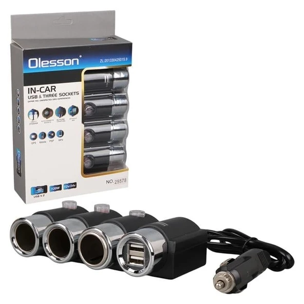 Olesson 1508 12-24V Çift USB Girişli 120W 80cm Kablolu 3'lü Araç Çakmak Çoklayıcı ürün görseli 1