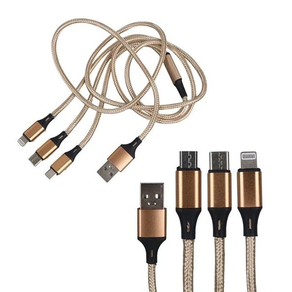 PowerMaster PM-2368 Micro USB - Type-C - Lightning Şarj Ve Data Kablosu 2.1 Amper 110Cm Örgülü ürün görseli 1