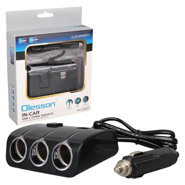 Olesson 1506 12-24V Çift USB Girişli 120W 80 CM Kablolu 3'LÜ Araç Çakmak Çoklayıcı ürün görseli 1