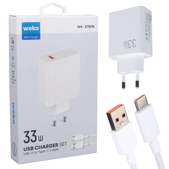 Weko WK-27876 M11 Beyaz 33 Watt Turbo Usb Şarj Başlık Adaptörü + Type-C Kablo ürün görseli 1