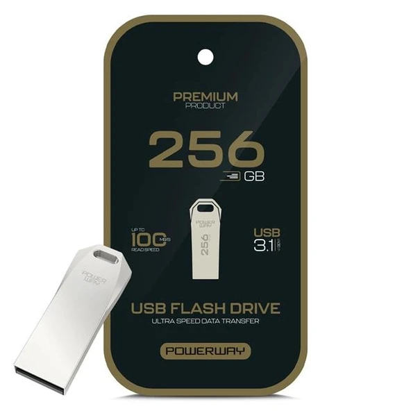 Powerway Premium 256 GB 100MB/S Ultra Hızlı USB 3.1 Metal Silver Flash Bellek ürün görseli 1