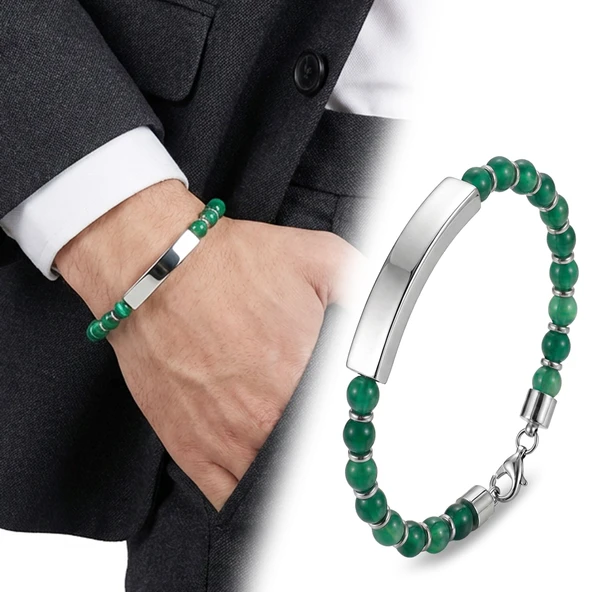 ? Premium Yeşil Akik Beyaz İsim Yazılabilir Ve Çelik Zincir Bileklik 31832B29D12  -  23 cm ürün görseli 1