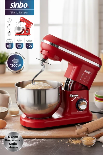 Sinbo SMX-2770 1300W Standlı Mikser - Kırmızı – 5 L Çelik Hazneli, 6 Hız Kademesi ürün görseli 1