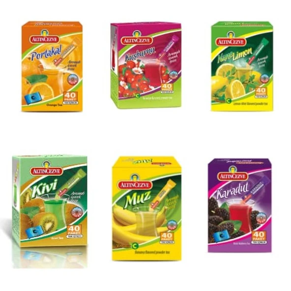PORTAKAL KUŞBURNU NANE LİMON KİVİ MUZ KARADUT AROMALI İÇECEK TOZU 40 ADET 1,5 GR 6 LI SET ürün görseli 1