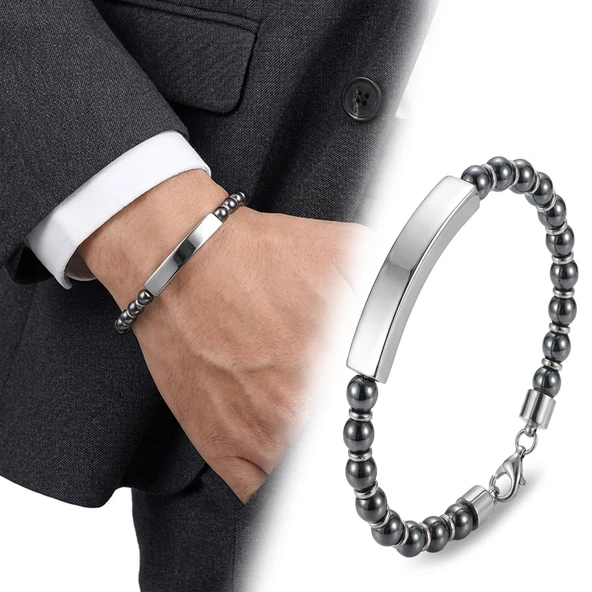 ? Premium Hematit Beyaz İsim Yazılabilir Ve Çelik Zincir Bileklik 31832B29D9  -  23 cm ürün görseli 1