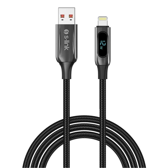 S-link Armor LED UL-012 12W 1m USB to Lightning PD Örgülü LED Başlıklı Siyah Hızlı Şarj Kablosu ürün görseli 1