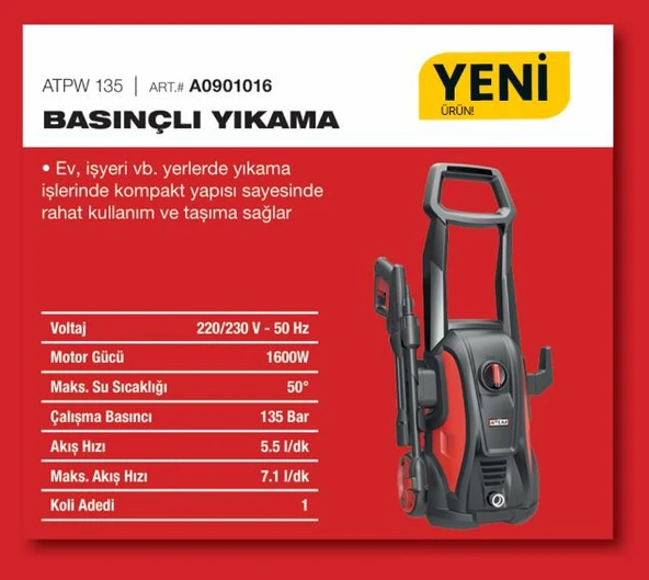 ATTLAS ATPW 135 BASINÇLI YIKAMA 1600W ürün görseli 1
