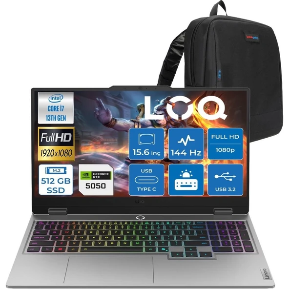 Loq 13.nesil Inrel Core I7 13700HX RTX5050 (8gb 100W) 32GB Ram 512 GB SSD 15.6 (1920X1080) IPS 300NITS 144Hz 100% Srgb WINDOWS11 & Cimete Çanta ürün görseli 1