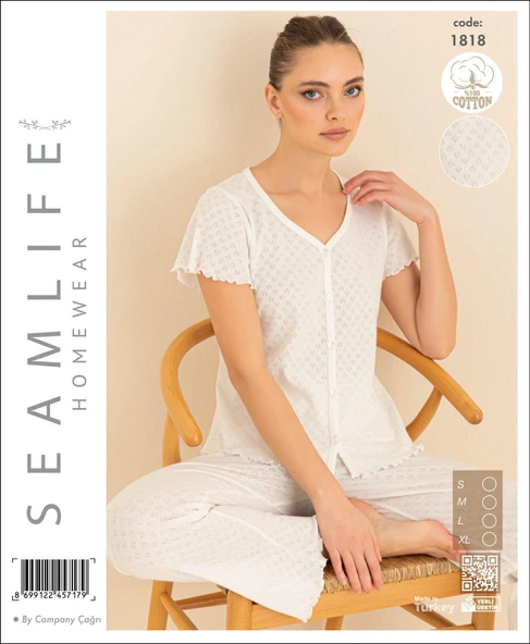 Seamlife Kadın %100 Pamuk Kalp Desenli Önü Düğmeli Kısa Kollu Pijama Takımı ürün görseli 1