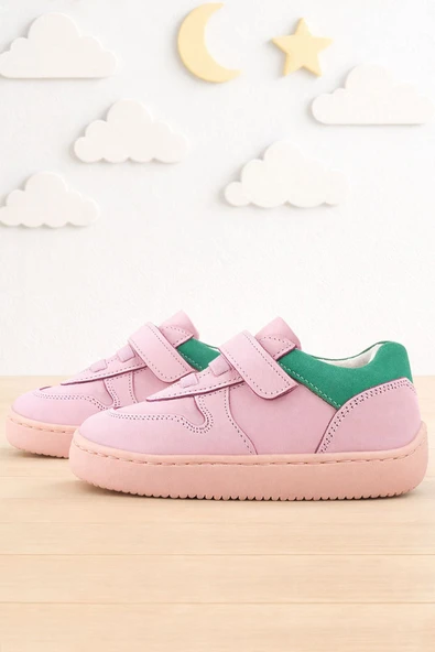 Rakerplus Bob Hakiki Deri Pembe Yeşil Barefoot Cırtlı Lastikli Bebek Sneaker Ayakkabı ürün görseli 1