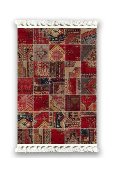 Kırmızı Vintage Baskılı Şönil Halı Saçaklı Kilim ürün görseli 1