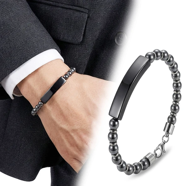 ? Premium Hematit Siyah İsim Yazılabilir Ve Çelik Zincir Bileklik 31832B29D8  -  23 cm ürün görseli 1
