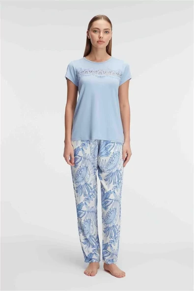 Kısa Kol Bisiklet Yaka Kadın Viskon Çiçek Desenli Yazlık ÖRME Dantel Detaylı Pijama Takımı ürün görseli 1