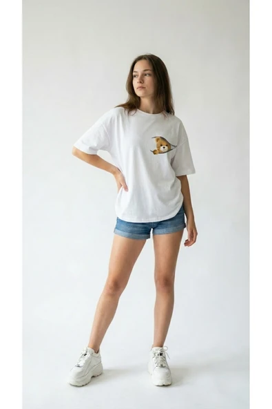 kadın Oversize Düz Renk ayıcık Dijital Baskılı Bisiklet Yaka Basic Tişört ürün görseli 1