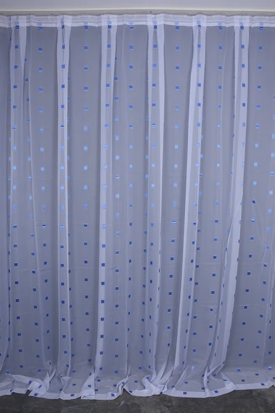 TERGAL MAVİ KARELİ BEYAZ RENK TEK KANAT Hazır Dikilmiş Pileli Fon Perde 300*260 Cm ürün görseli 1