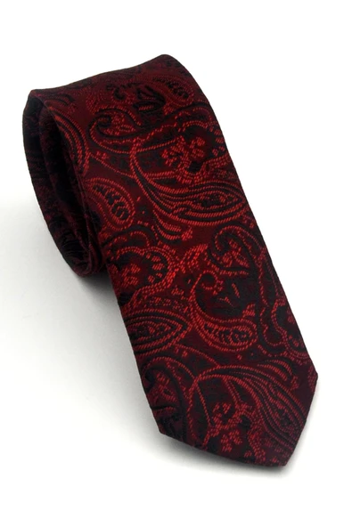 Siyah Şal Desenli Kırmızı Dokuma Kumaş Mendilli Slim Fit Kravat // SDK-2607-4 ürün görseli 1